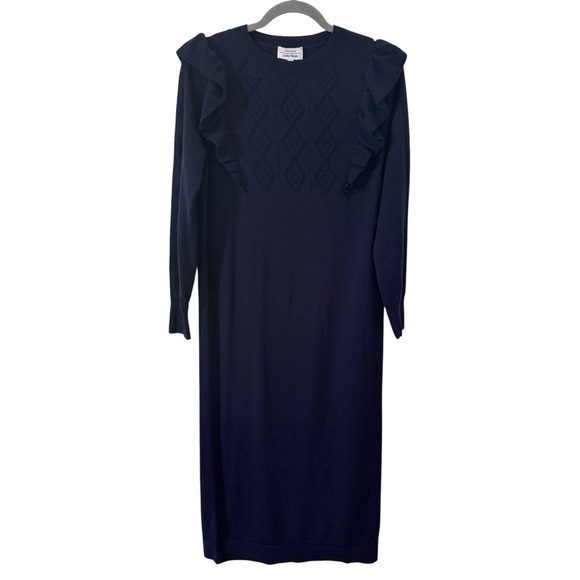 & Other Stories Pointelle Knit 100% Wool Midi Dress in "Dark Blue" Size XS - Picture 5 of 12